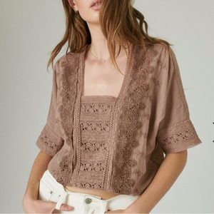 ‼️SOLD‼️Lucky Brand Embroidered Eyelet Cropped Lace Top, Deep Taupe, XS